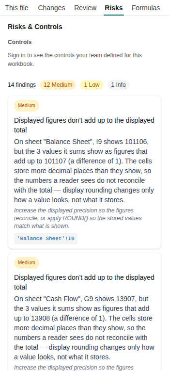 SheetDelta Risks in the Excel task pane