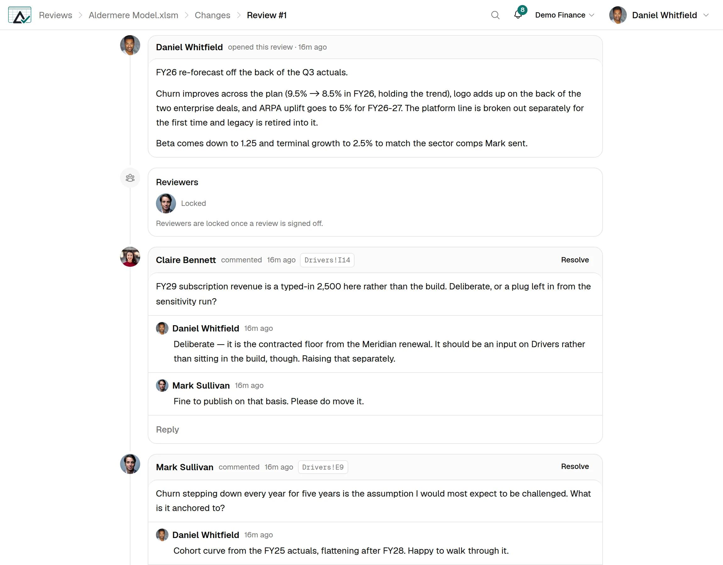 A review conversation in SheetDelta: a description of the change, a locked reviewer list, and two comment threads anchored to the cells Drivers!I14 and Drivers!E9, each with replies.