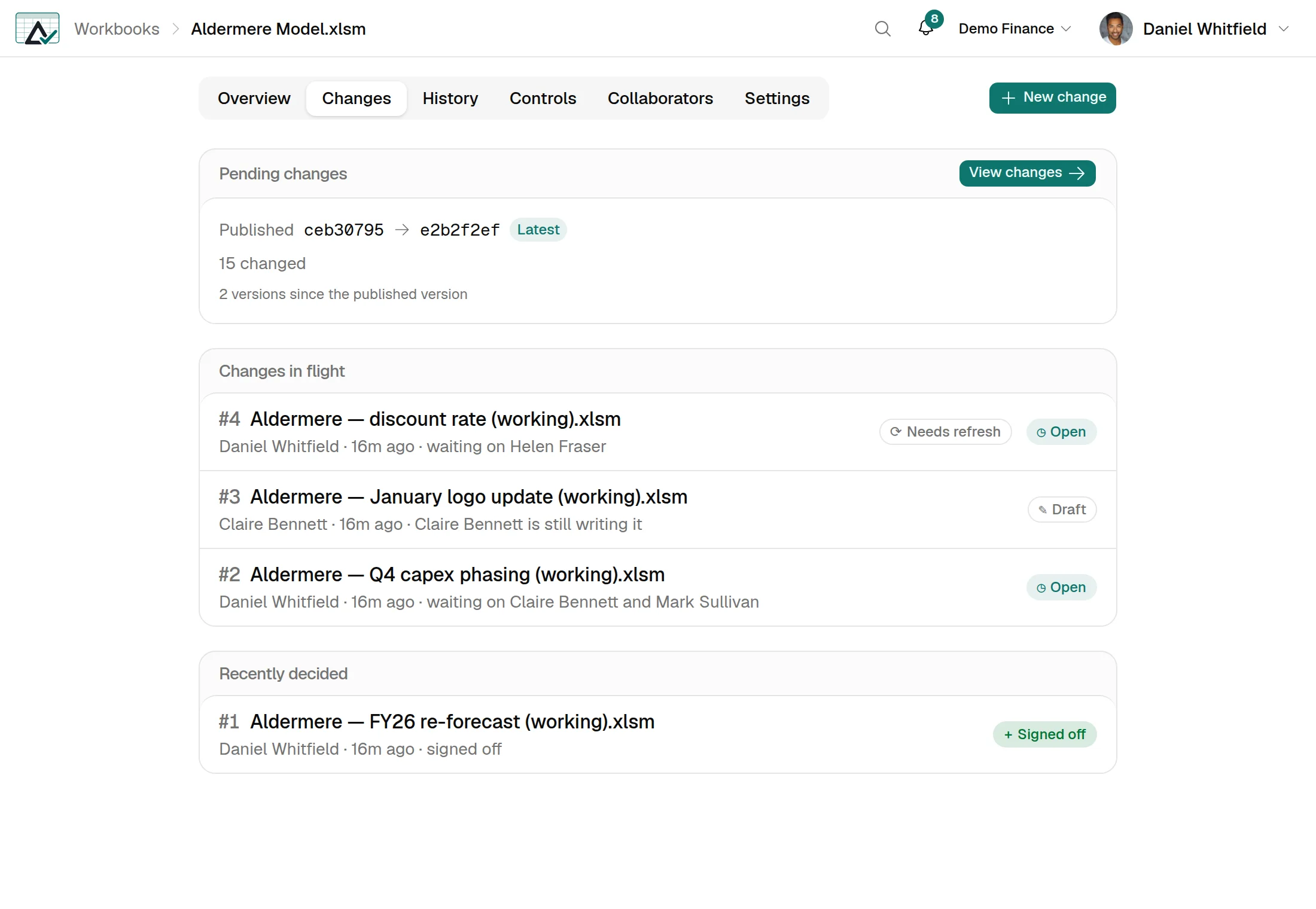 SheetDelta's changes tab for a workbook: a pending-changes summary, three changes in flight labelled Needs refresh, Draft and Open with the names they are waiting on, and one recently signed off.