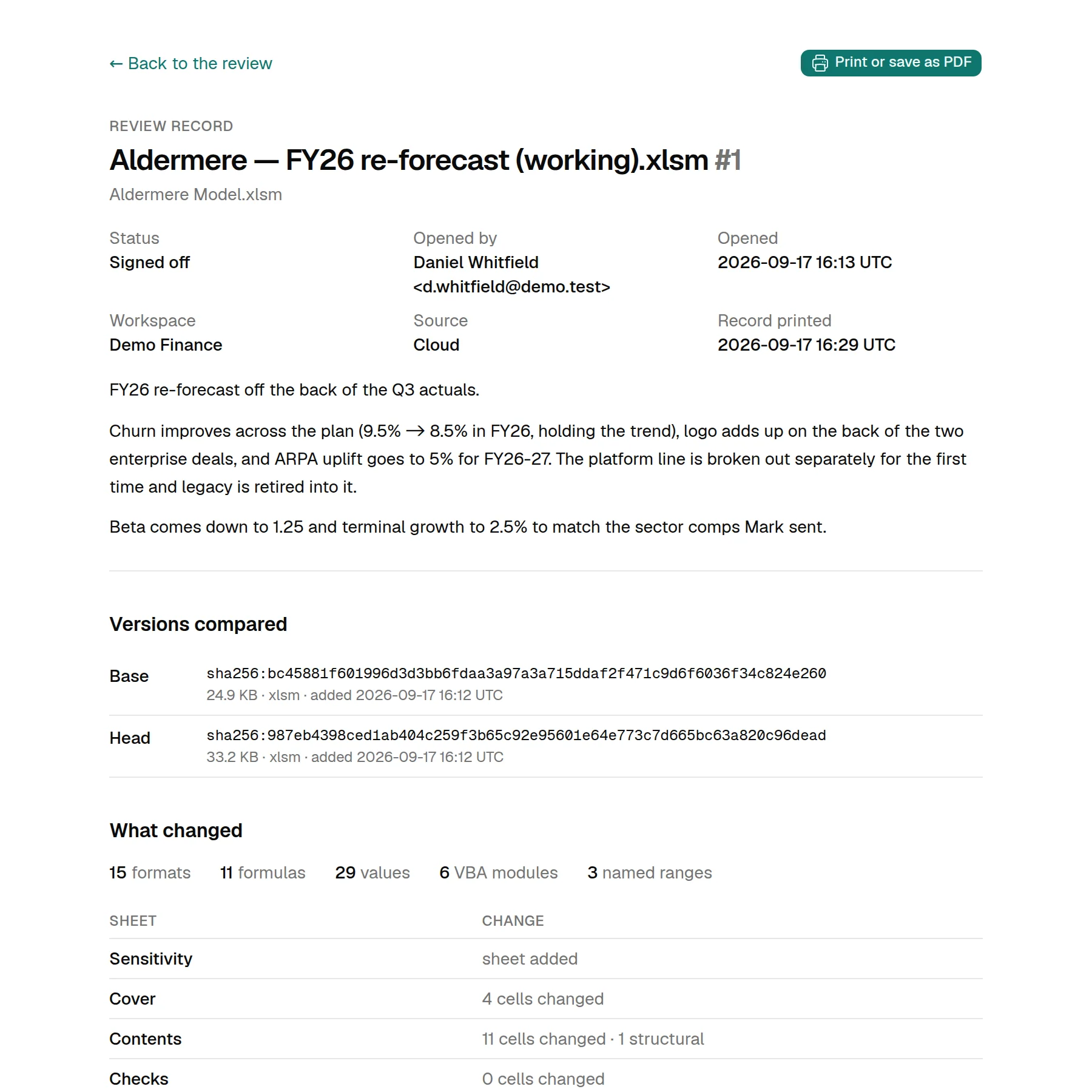 A printable review record showing status Signed off, who opened it, the workspace, the SHA-256 hashes and sizes of the two workbook versions compared, and a table of what changed on each sheet.